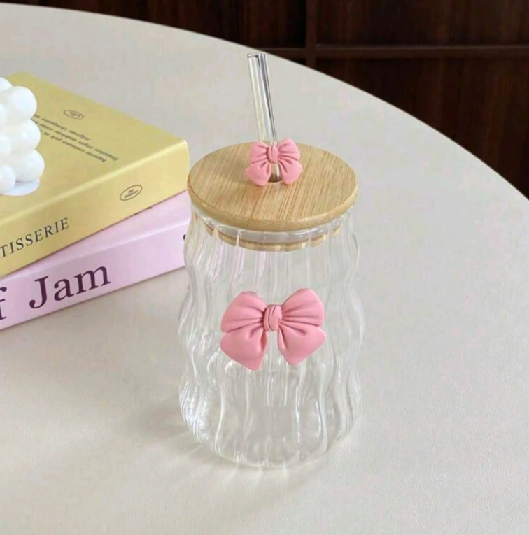 Bow Coffee Glass Mug, High Borosilicate Glass Cloud Cup, Wooden Lid Glass Mug With Straw Bow Coffee Glass Mug, High Borosilicate Glass Cloud Cup, Wooden Lid Glass Mug With Straw